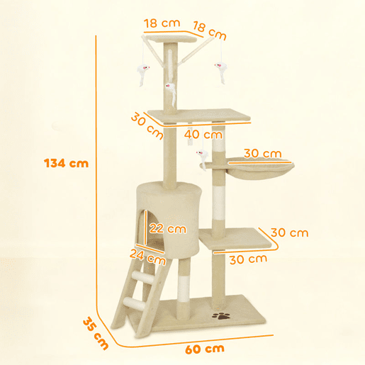 PawHut Arranhador para Gatos de 134 cm Torre para Gatos com Caverna Plataformas Rato de Brinquedo Rede e Postes de Sisal 60x35x134 cm Bege