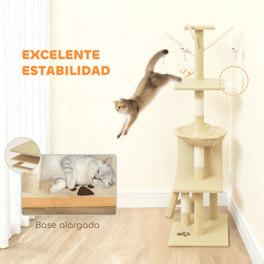 PawHut Arranhador para Gatos de 134 cm Torre para Gatos com Caverna Plataformas Rato de Brinquedo Rede e Postes de Sisal 60x35x134 cm Bege