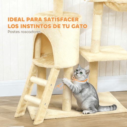 PawHut Arranhador para Gatos de 134 cm Torre para Gatos com Caverna Plataformas Rato de Brinquedo Rede e Postes de Sisal 60x35x134 cm Bege