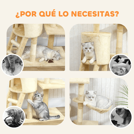 PawHut Arranhador para Gatos de 134 cm Torre para Gatos com Caverna Plataformas Rato de Brinquedo Rede e Postes de Sisal 60x35x134 cm Bege