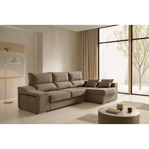 Sofá chaise longue Amethyst 225 marrom com pufes e espaço para armazenamento.