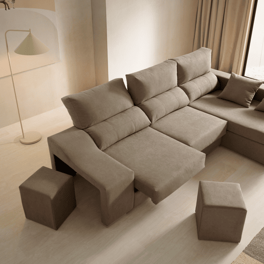 Sofá chaise longue Amethyst 225 marrom com pufes e espaço para armazenamento.