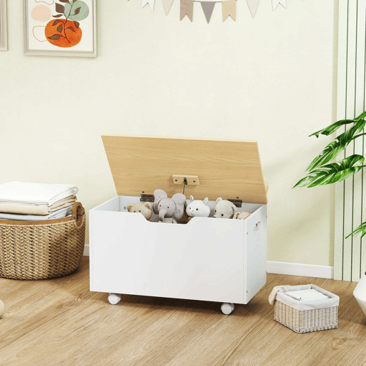 AIYAPLAY Baú de Brinquedos com Rodas Baú Infantil com Tampa Abatível e Dobradiça de Segurança Design de Nuvem para Quarto Sala de Jogos Creche 59x30x53 cm Branco e Madeira