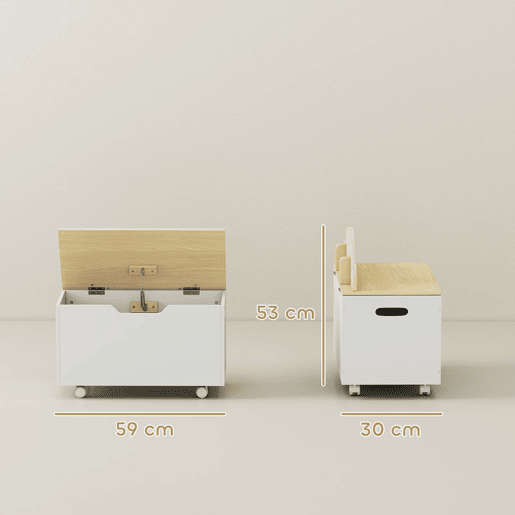 AIYAPLAY Baú de Brinquedos com Rodas Baú Infantil com Tampa Abatível e Dobradiça de Segurança Design de Nuvem para Quarto Sala de Jogos Creche 59x30x53 cm Branco e Madeira