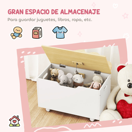 AIYAPLAY Baú de Brinquedos com Rodas Baú Infantil com Tampa Abatível e Dobradiça de Segurança Design de Nuvem para Quarto Sala de Jogos Creche 59x30x53 cm Branco e Madeira