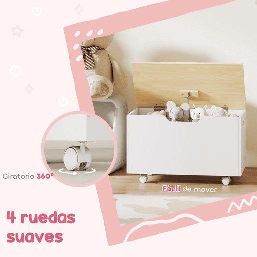 AIYAPLAY Baú de Brinquedos com Rodas Baú Infantil com Tampa Abatível e Dobradiça de Segurança Design de Nuvem para Quarto Sala de Jogos Creche 59x30x53 cm Branco e Madeira
