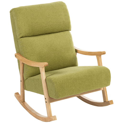 HOMCOM Cadeira de Baloiço Moderna com Tecido Tipo Lã, Estrutura em Madeira de Borracha, Encosto Alto, Carga Máxima 120 kg, para Quarto ou Sala, Verde Claro