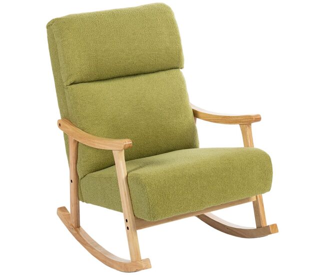 Homcom silla mecedora de borreguito moderna, mecedora con patas y reposabrazos de madera de caucho, respaldo alto, carga 120 kg, para dormitorio, salón, verde claro