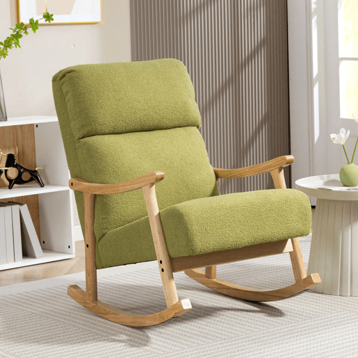 HOMCOM Cadeira de Baloiço Moderna com Tecido Tipo Lã, Estrutura em Madeira de Borracha, Encosto Alto, Carga Máxima 120 kg, para Quarto ou Sala, Verde Claro
