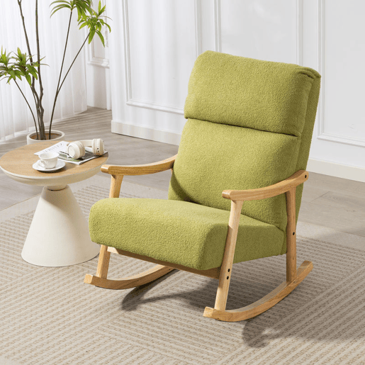 HOMCOM Cadeira de Baloiço Moderna com Tecido Tipo Lã, Estrutura em Madeira de Borracha, Encosto Alto, Carga Máxima 120 kg, para Quarto ou Sala, Verde Claro