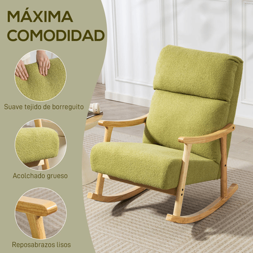 HOMCOM Cadeira de Baloiço Moderna com Tecido Tipo Lã, Estrutura em Madeira de Borracha, Encosto Alto, Carga Máxima 120 kg, para Quarto ou Sala, Verde Claro