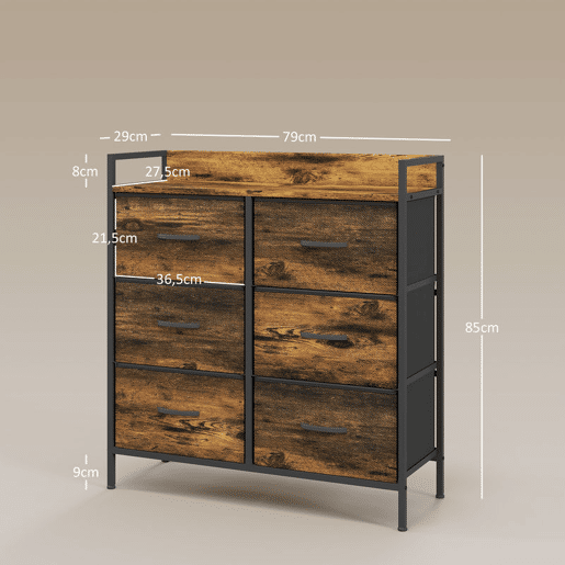 HOMCOM Cómoda com 6 Gavetas Dobráveis Cómoda de Tecido com Estrutura de Aço Estilo Industrial Cómoda para Quarto Corredor 79x29x85 cm Castanho Rústico