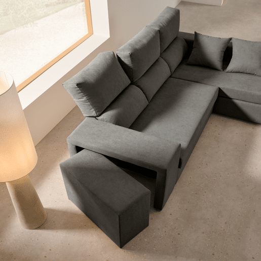 Chaise longue com pufe grande, cor Emerald Marengo, lado direito.