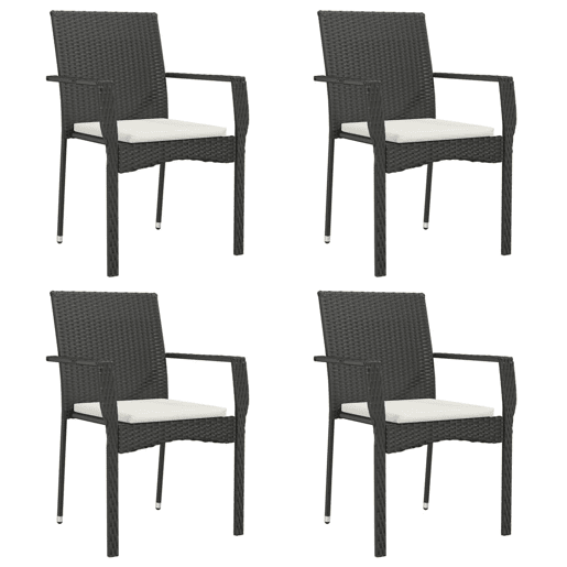 Cadeiras de jardim - Cadeiras de exterior com almofadões 4 pcs vime PE preto Cadeiras de jardim - Cadeiras de exterior com almofadões 4 pcs vime PE preto