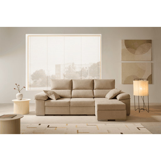 Sofá chaise longue Armonia Premium bege com espaço de armazenamento, lado direito.