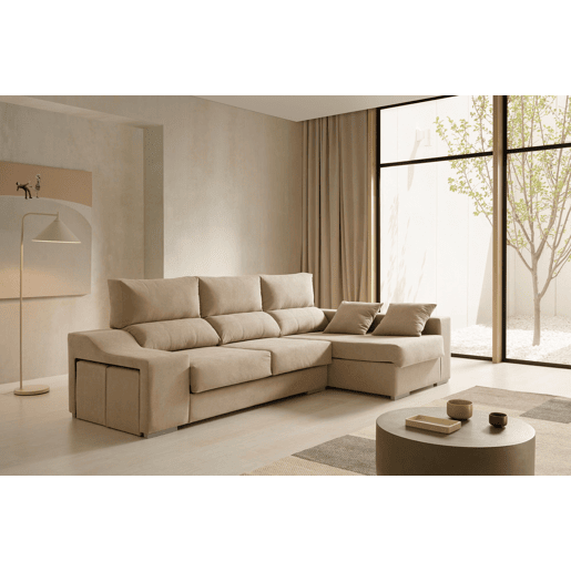 Sofá chaise longue Amatista Plus 265 bege com pufes e espaço de armazenamento.