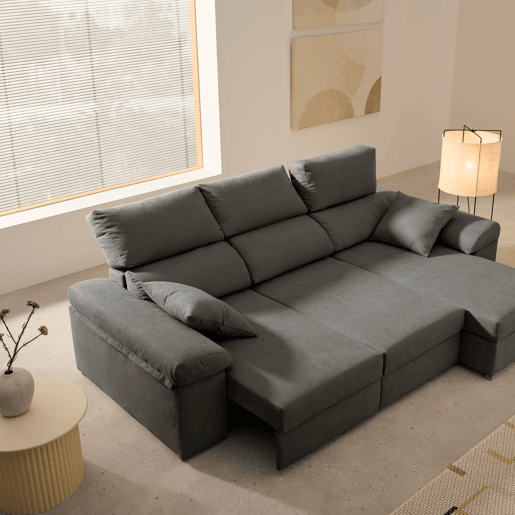 Sofá-cama Armonia Premium Marengo com chaise longue à direita e espaço de armazenamento.