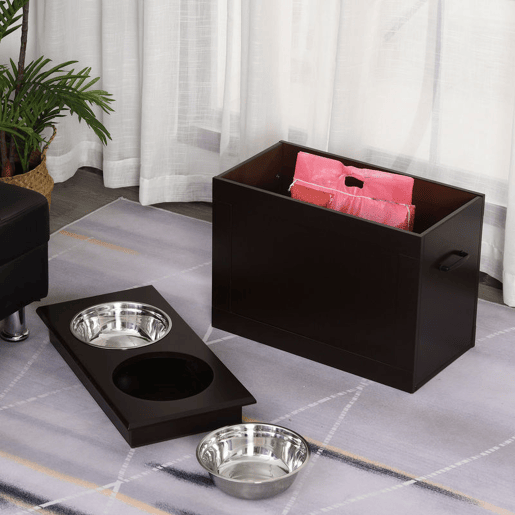 PawHut Comedouro Elevado para Cães Comedouro para Cães com 2 Tigelas de Aço Inoxidável e Espaço de Armazenamento Oculto 60x30x41 cm Castanho Escuro