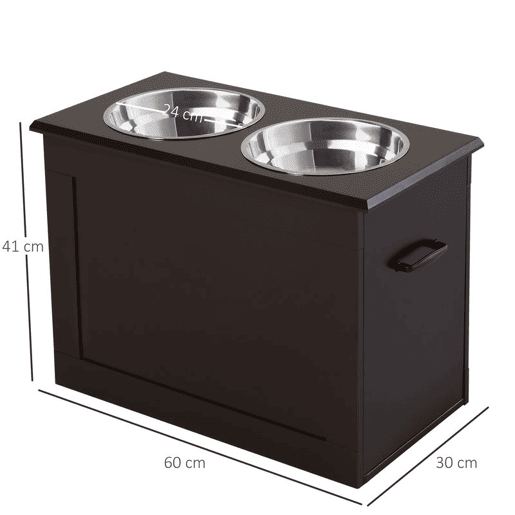 PawHut Comedouro Elevado para Cães Comedouro para Cães com 2 Tigelas de Aço Inoxidável e Espaço de Armazenamento Oculto 60x30x41 cm Castanho Escuro