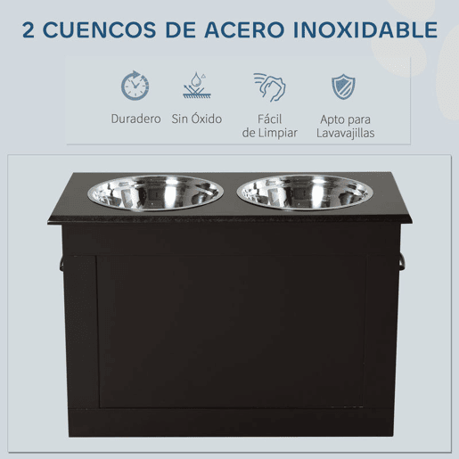 PawHut Comedouro Elevado para Cães Comedouro para Cães com 2 Tigelas de Aço Inoxidável e Espaço de Armazenamento Oculto 60x30x41 cm Castanho Escuro