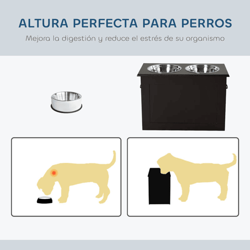 PawHut Comedouro Elevado para Cães Comedouro para Cães com 2 Tigelas de Aço Inoxidável e Espaço de Armazenamento Oculto 60x30x41 cm Castanho Escuro