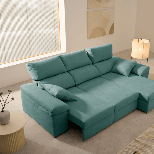 Sofá chaise longue Armonia Premium turquesa com espaço de armazenamento.