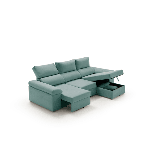 Sofá chaise longue Armonia Premium turquesa com espaço de armazenamento.
