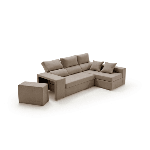 Sofá chaise longue com grande pufe, marrom esmeralda, lado direito.