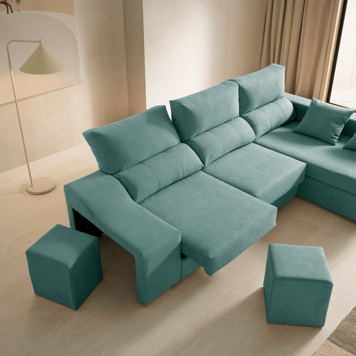 Chaise longue Amethyst com pufes e espaço de armazenamento 225 Turquesa Direito
