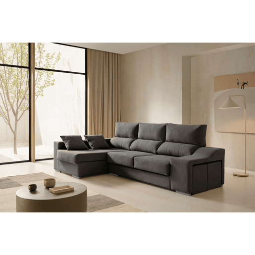 Sofá chaise longue Amethyst 225 Marengo à esquerda com pufes e espaço de armazenamento