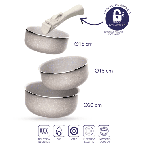 Conjunto de 2 frigideiras Ø24Ø28cm e 3 panelas Ø16Ø18Ø20cm em alumínio prensado com revestimento ILAG e 2 cabos amovíveis.