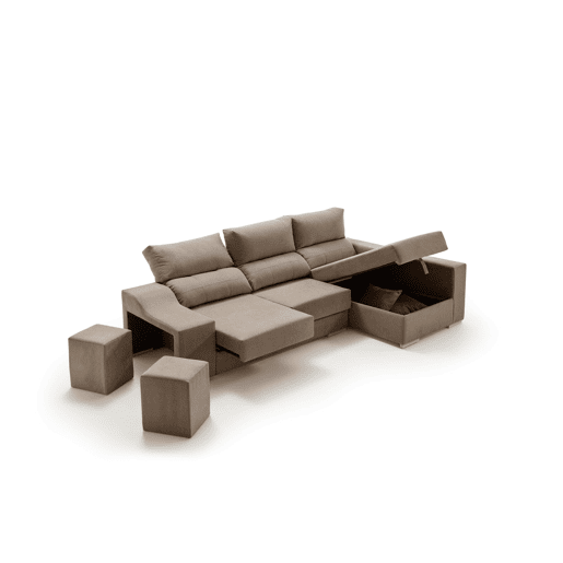 Sofá Amatista Plus 265 marrom com chaise à direita, pufes e espaço para armazenamento.
