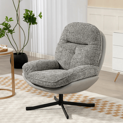 HOMCOM Poltrona Giratória Moderna Poltrona de Sala com Base Cruzada Estofada em Chenille e Couro PU Assento Largo Duplo Pernas de Aço e Apoios de Braço Poltrona Relax para Sala de Estar Quarto 78x95x99 cm Cinza