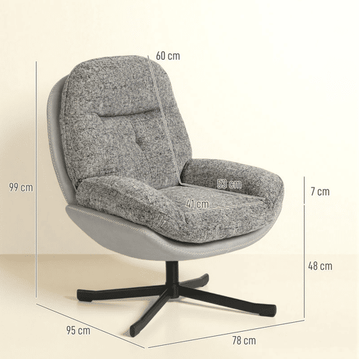 HOMCOM Poltrona Giratória Moderna Poltrona de Sala com Base Cruzada Estofada em Chenille e Couro PU Assento Largo Duplo Pernas de Aço e Apoios de Braço Poltrona Relax para Sala de Estar Quarto 78x95x99 cm Cinza