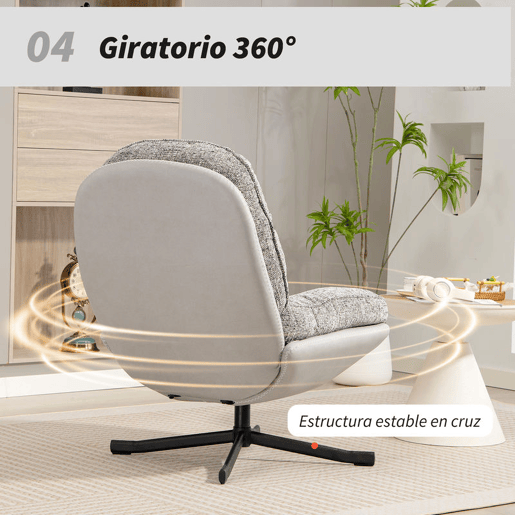 HOMCOM Poltrona Giratória Moderna Poltrona de Sala com Base Cruzada Estofada em Chenille e Couro PU Assento Largo Duplo Pernas de Aço e Apoios de Braço Poltrona Relax para Sala de Estar Quarto 78x95x99 cm Cinza