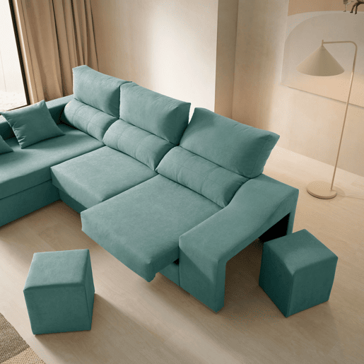 Chaise longue Amethyst com pufes e espaço de armazenamento 225 Turquesa Esquerda