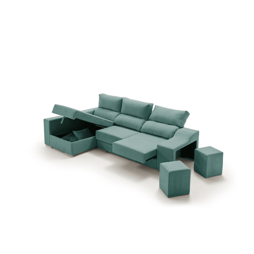 Chaise longue Amethyst com pufes e espaço de armazenamento 225 Turquesa Esquerda