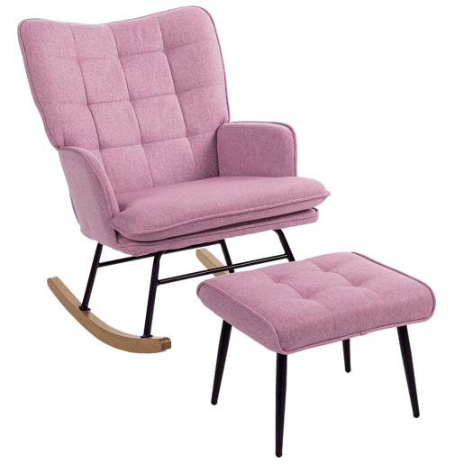 HOMCOM Conjunto de Poltrona Baloiço com Apoio para os Pés Poltrona Relax com Almofada Acolchoada e Anti-Tombo Carga 130 kg Sala de Estar Dormitório 64x89x90 cm Rosa