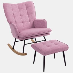 HOMCOM Conjunto de Poltrona Baloiço com Apoio para os Pés Poltrona Relax com Almofada Acolchoada e Anti-Tombo Carga 130 kg Sala de Estar Dormitório 64x89x90 cm Rosa