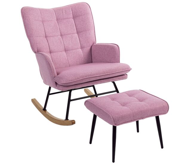 Homcom silla mecedora con reposapiés, sillón de relax, con cojín acolchado, respaldo alto, reposabrazos y patas de madera, carga 130 kg, para salón, dormitorio, rosa
