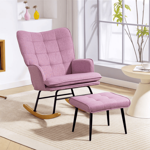 HOMCOM Conjunto de Poltrona Baloiço com Apoio para os Pés Poltrona Relax com Almofada Acolchoada e Anti-Tombo Carga 130 kg Sala de Estar Dormitório 64x89x90 cm Rosa