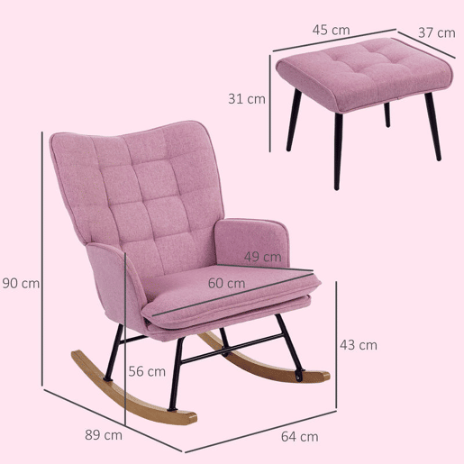 HOMCOM Conjunto de Poltrona Baloiço com Apoio para os Pés Poltrona Relax com Almofada Acolchoada e Anti-Tombo Carga 130 kg Sala de Estar Dormitório 64x89x90 cm Rosa