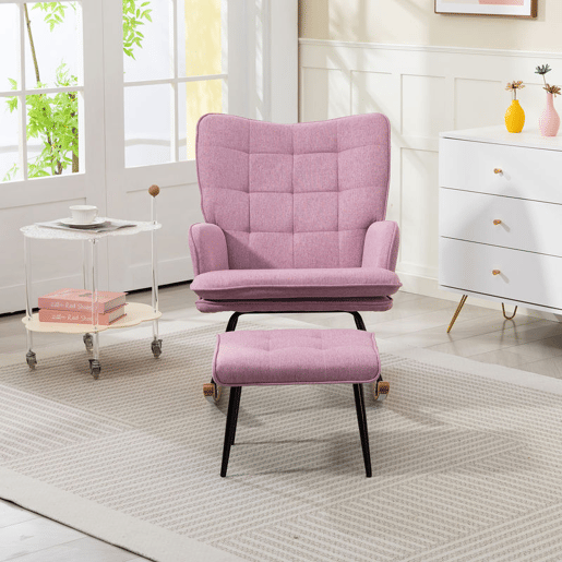 HOMCOM Conjunto de Poltrona Baloiço com Apoio para os Pés Poltrona Relax com Almofada Acolchoada e Anti-Tombo Carga 130 kg Sala de Estar Dormitório 64x89x90 cm Rosa