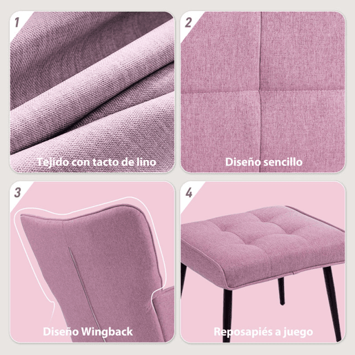 HOMCOM Conjunto de Poltrona Baloiço com Apoio para os Pés Poltrona Relax com Almofada Acolchoada e Anti-Tombo Carga 130 kg Sala de Estar Dormitório 64x89x90 cm Rosa