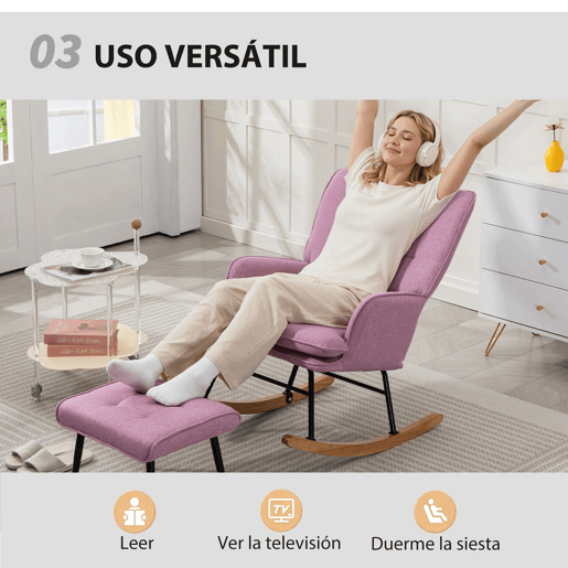 HOMCOM Conjunto de Poltrona Baloiço com Apoio para os Pés Poltrona Relax com Almofada Acolchoada e Anti-Tombo Carga 130 kg Sala de Estar Dormitório 64x89x90 cm Rosa