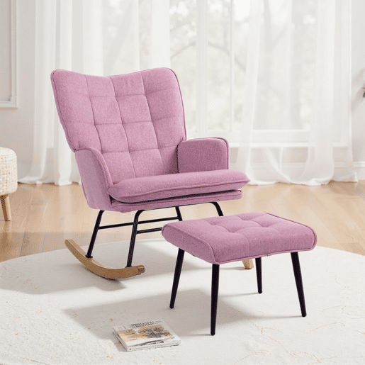 HOMCOM Conjunto de Poltrona Baloiço com Apoio para os Pés Poltrona Relax com Almofada Acolchoada e Anti-Tombo Carga 130 kg Sala de Estar Dormitório 64x89x90 cm Rosa