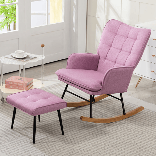 HOMCOM Conjunto de Poltrona Baloiço com Apoio para os Pés Poltrona Relax com Almofada Acolchoada e Anti-Tombo Carga 130 kg Sala de Estar Dormitório 64x89x90 cm Rosa