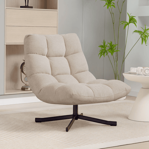 HOMCOM Cadeira Giratória Moderna, Poltrona de Sala com Encosto Rebatível, Base Cruzada, Estofada em Chenille Impermeável, Assento Extra Largo e Pés de Aço, para Sala de Estar ou Quarto, Creme