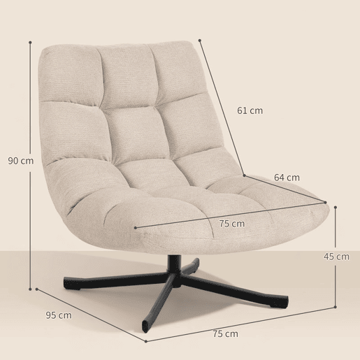 HOMCOM Cadeira Giratória Moderna, Poltrona de Sala com Encosto Rebatível, Base Cruzada, Estofada em Chenille Impermeável, Assento Extra Largo e Pés de Aço, para Sala de Estar ou Quarto, Creme