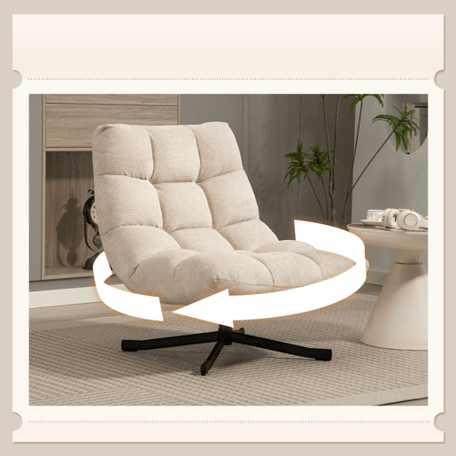 HOMCOM Cadeira Giratória Moderna, Poltrona de Sala com Encosto Rebatível, Base Cruzada, Estofada em Chenille Impermeável, Assento Extra Largo e Pés de Aço, para Sala de Estar ou Quarto, Creme